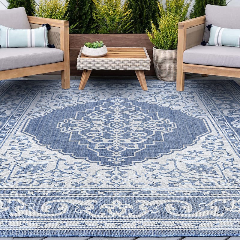 Exo Coastal Oriental Indoor/Outdoor Area Rug - 4' x 5'3'' - Blue/Cream