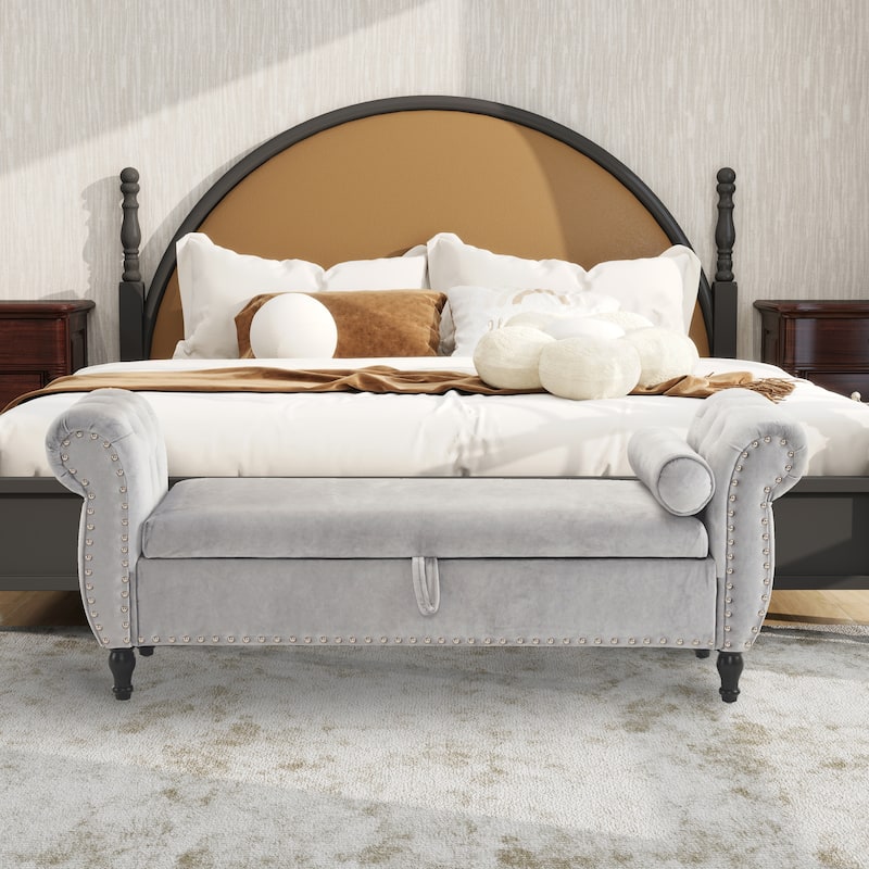 Velvet Storage Rectangular Bench With 1 Pillow,Ottoman For Living Rooms And Entryway