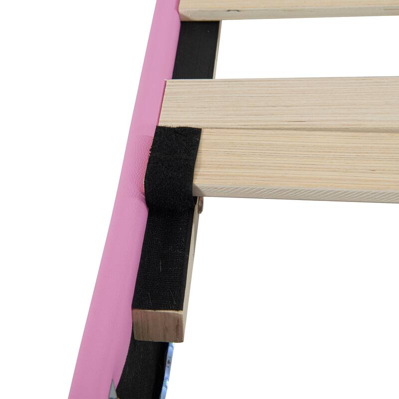 Twin Size Upholstered Bed Frame with LED Lights, Crown Headboard, and Drawer in Pink and White