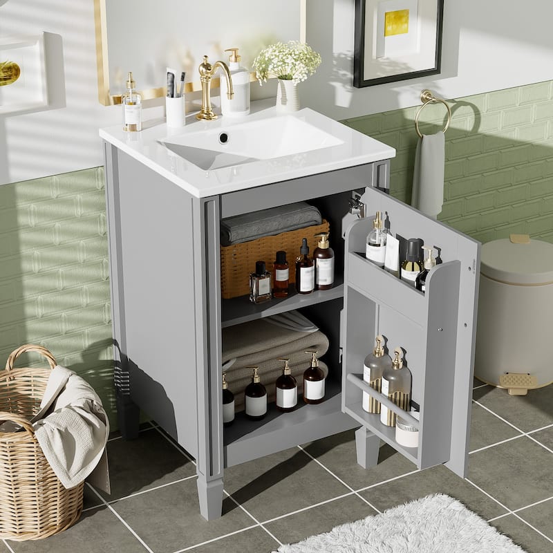 GDFStudio - Noa Wood & Ceramic 20" Bathroom Vanity with Sink, Soft-Close Door, Shelf & Storage Rack
