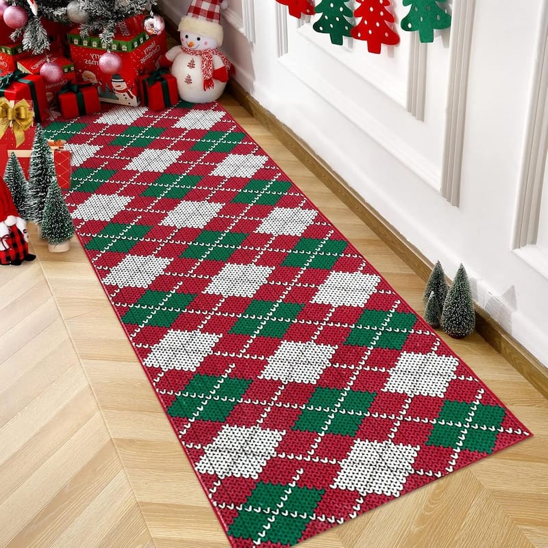 Christmas Holiday Plaid Throw Area Rugs, Non Slip Machine Washable, Green+Red - 2*6ft