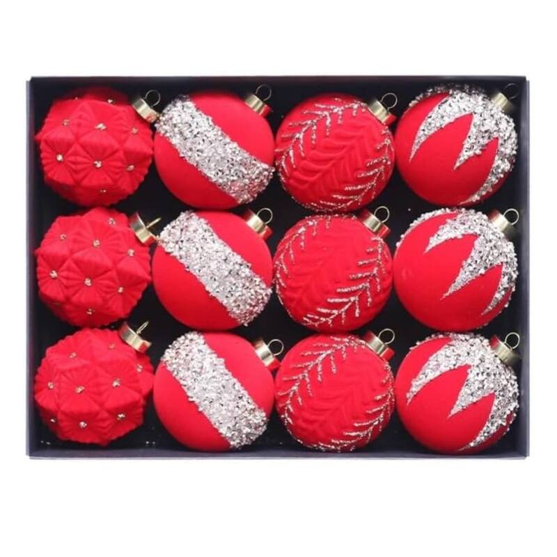 12PCS Mini Shatterproof Flocked Christmas Ball Ornaments for Holiday, Wedding, Red - N/A - Red