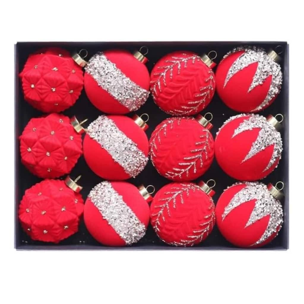 12PCS Mini Shatterproof Flocked Christmas Ball Ornaments for Holiday, Wedding, Red - N/A