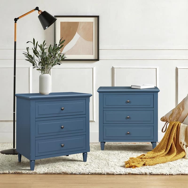 Elegant 3-Drawer Nightstand (Set of 2) Storage Cabinet Crafted from Solid Wood for Bedroom Organization - Blue