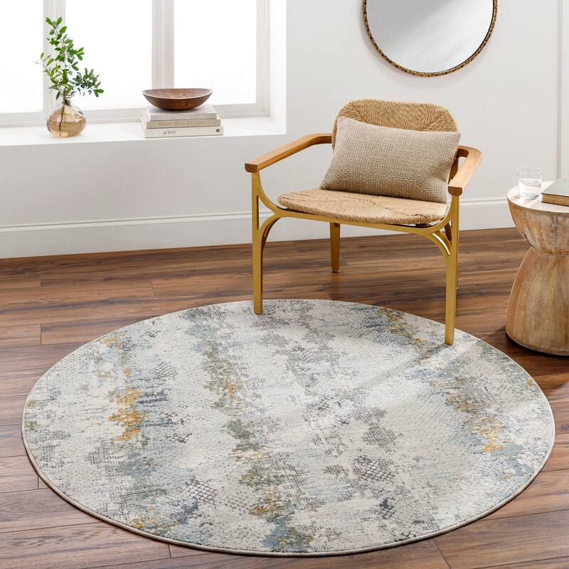 Neveah Mid-Century Modern Area Rug - Taupe/Blue - 7' 10" x 7' 10" Round