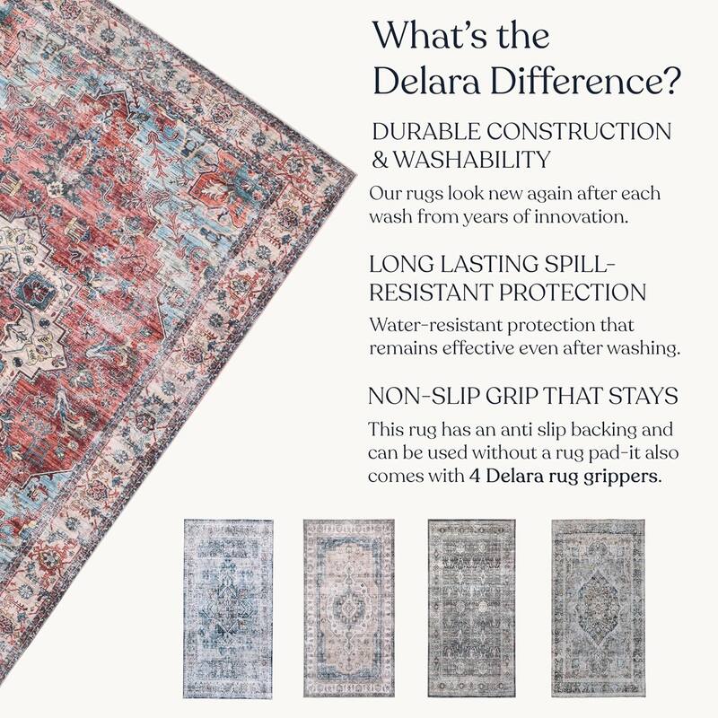 Delara Machine Washable Area Rug, Soft & Durable, Non-Slip Backing, Eco- Friendly GRS certified.