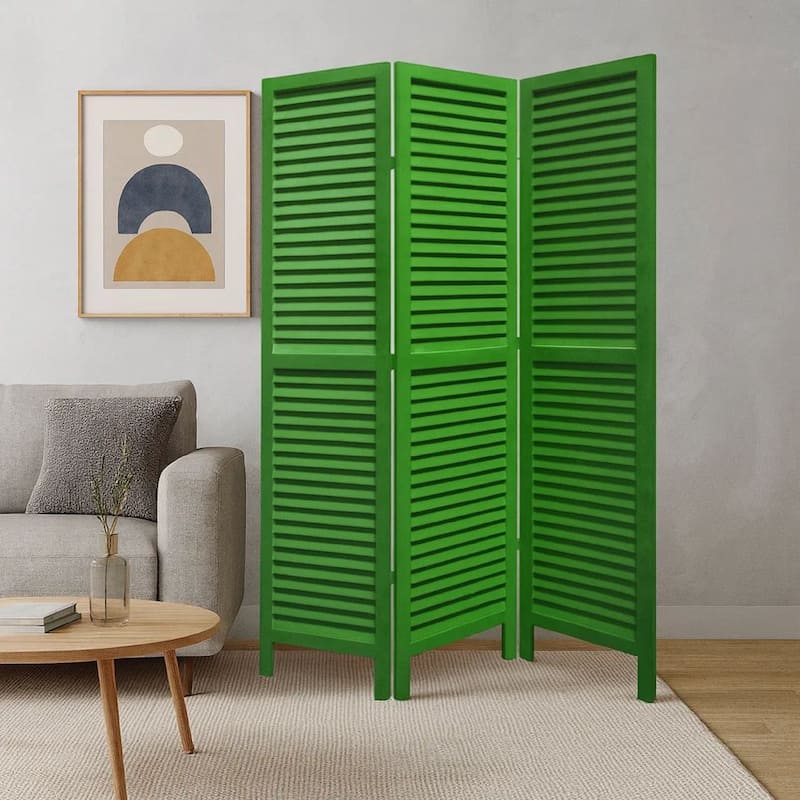 3 Panel Foldable Wooden Shutter Screen with Straight Legs, Green