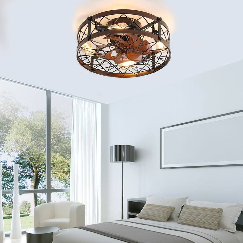Oaks Aura 20in.Modern Caged Low Profile Ceiling Fan with Light, Dual App Control Farmhouse Flush Mount Ceiling Fan with Remote
