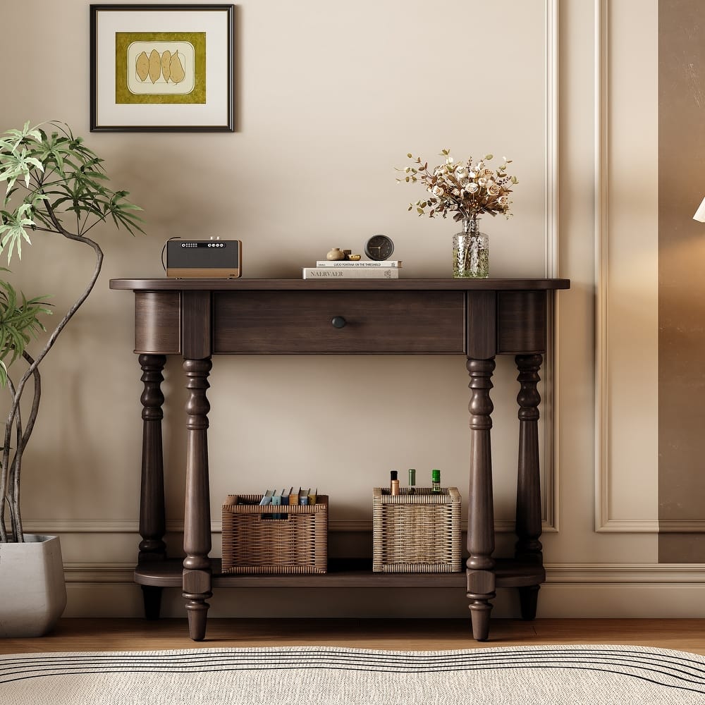 Retro Narrow Console Table with Curved Corner, Top Drawer & Open Shelf