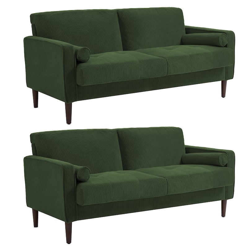 Modern Corduroy Upholstered Loveseat with Bolster Pillows and Wood Legs
