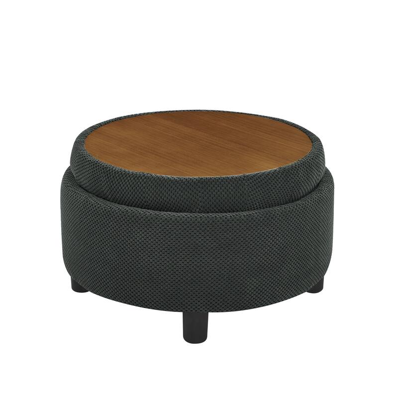 Round Storage Ottoman with Lift-Off Tray and Upholstered Fabric