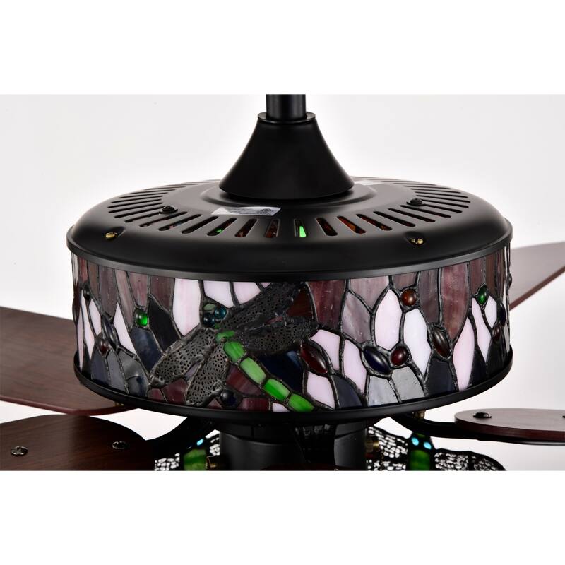 Jalev 6-Light Dragonfly Tiffany 5-Blade 52-Inch Matte Black Ceiling Fan