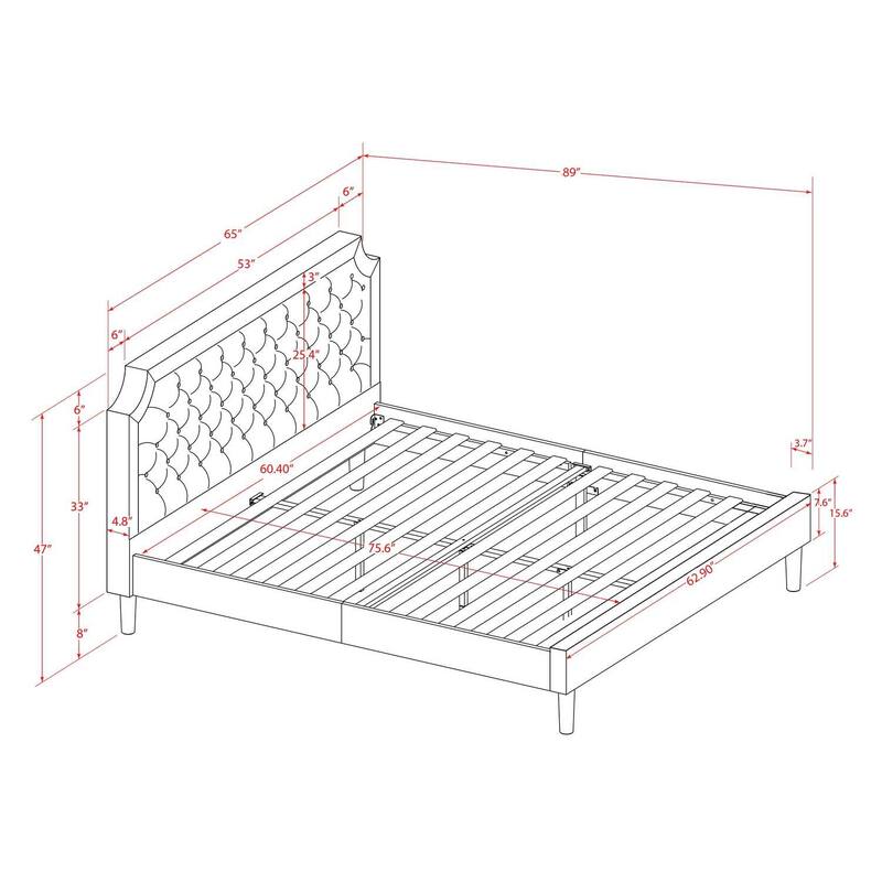 Queen Size Bed Frame - Modern Upholstered Headboard Footboard Wood Rails & Slats - Brown Black Finish