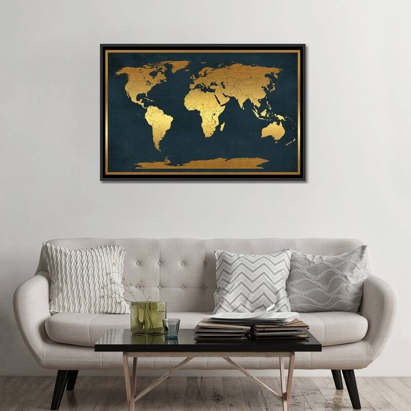 iCanvas "World Map Vintage Style Black Gold" by WallDecorAddict Framed Canvas Print