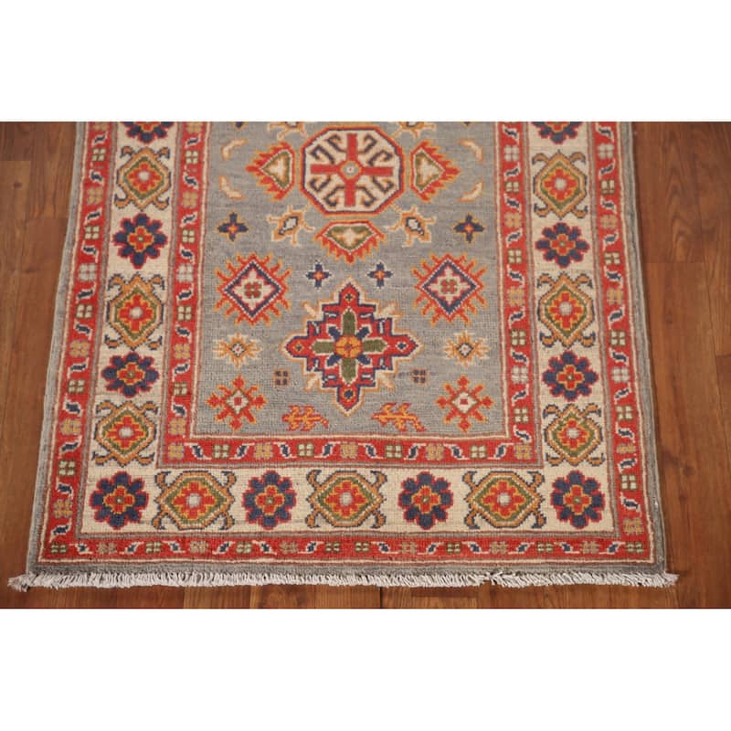Geometric Kazak Accent Rug Hand-Knotted Grey Wool Carpet - 2'8"x 4'2"