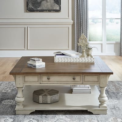 Morgan Creek Antique White Wire Brushed Tobacco Accents Drawer Square Cocktail Table
