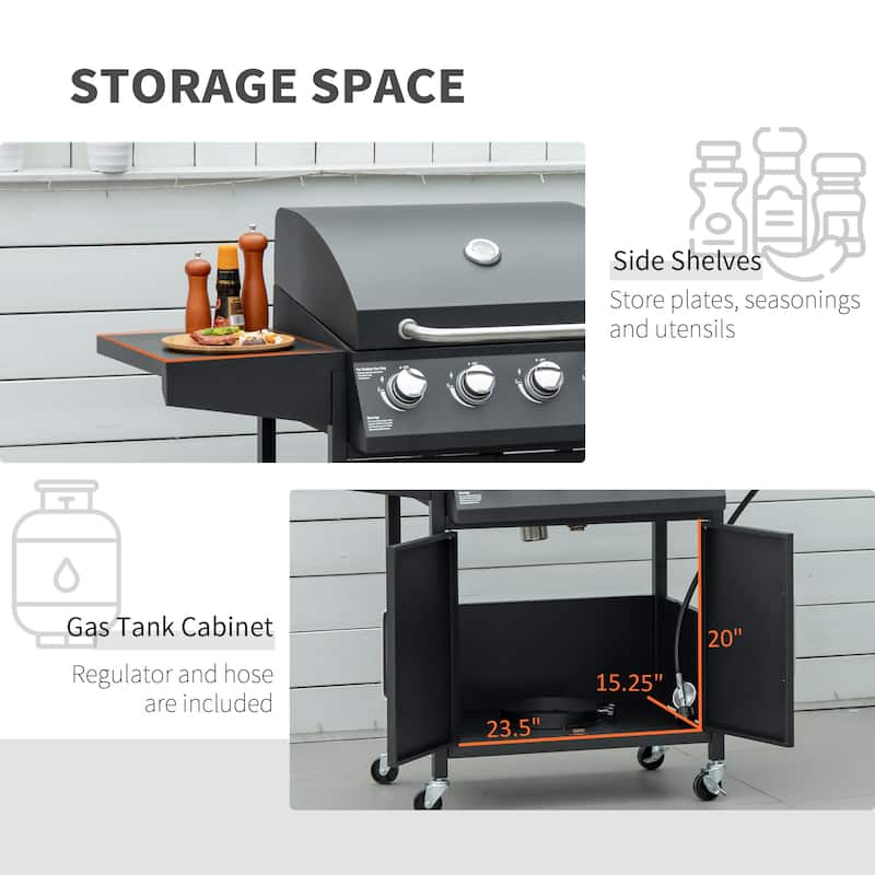 Outsunny 4+1 Burner Liquid Propane Gas Grill Outdoor Cabinet Style BBQ Trolley w/ Side Burner, Warming Rack, Thermometer