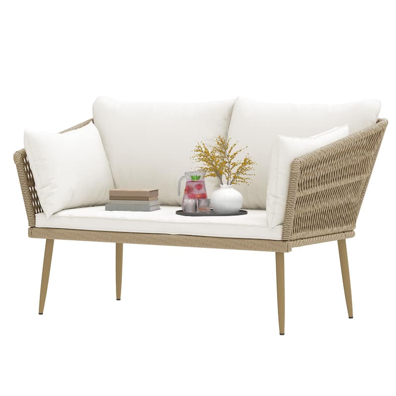 Moasis Outdoor Patio Loveseat, All-Weather Rattan 2 Seater Sofa with Cushions & Lumbar Pillows