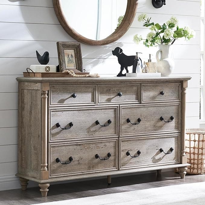 Farmhouse 7 Drawers Dresser Chests, Rustic Wood Chest of Drawers - Light Rustic Oak