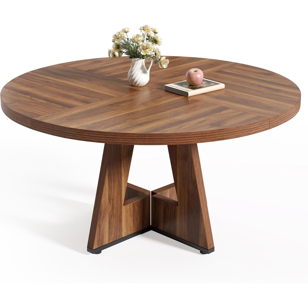 47-Inch Round Dining Table with Wooden Pedestal Base, Brown, Seats 4-6 - Brown