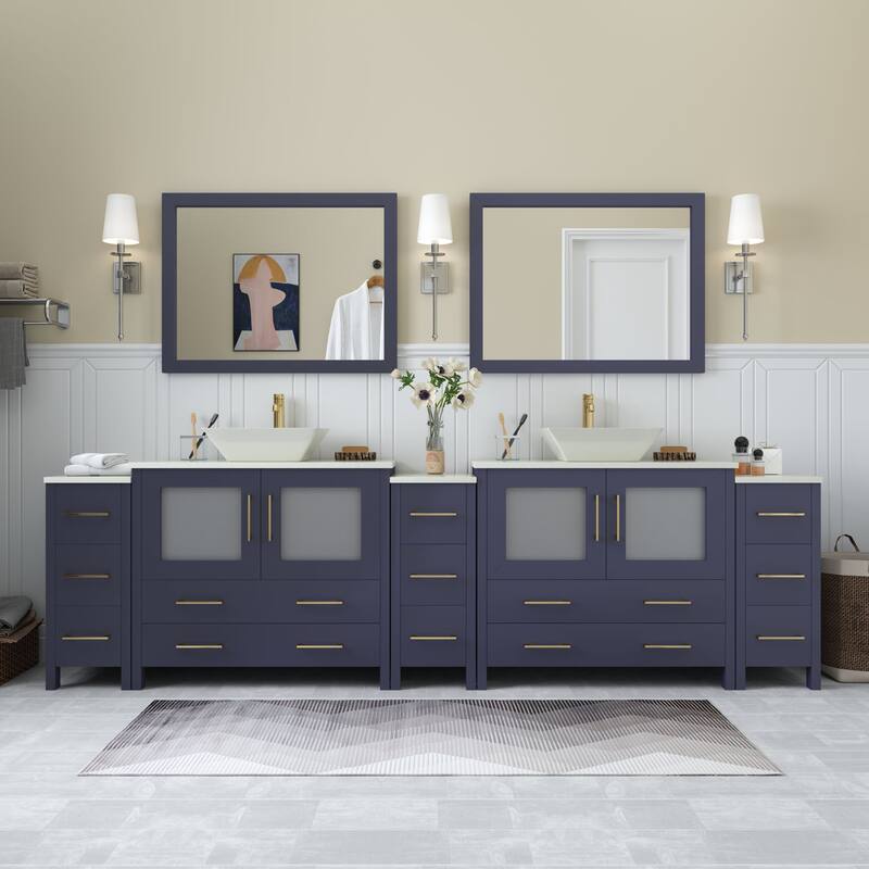 Vanity Art 108" Double Sink Bathroom Vanity Set with Engineered Marble Top and Free Mirrors - Blue