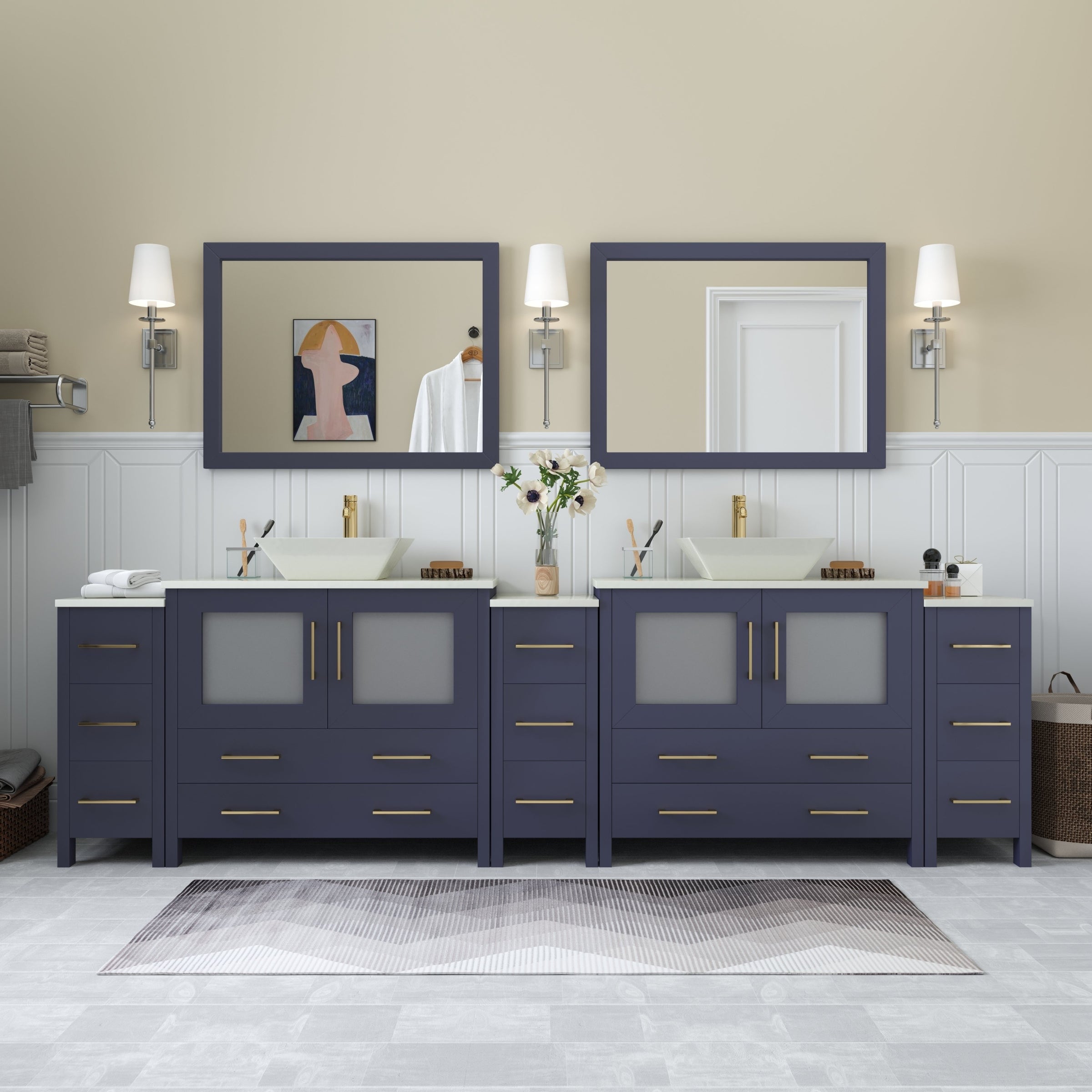 Vanity Art 108" Double Sink Bathroom Vanity Set with Engineered Marble Top and Free Mirrors