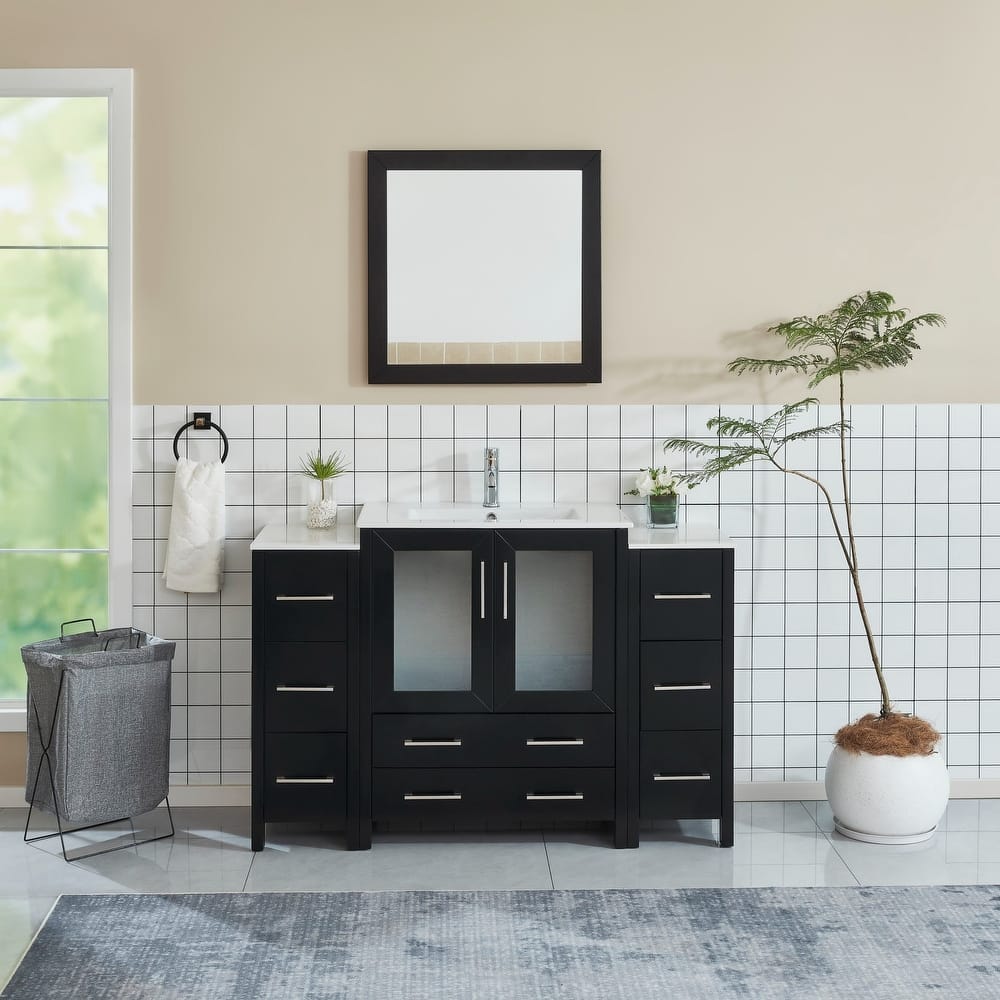 Vanity Art 54 Inch Single Sink Bathroom Vanity Set 8 Dove-Tailed Drawers 3 Cabinets 1 Shelf, Soft-Closing Doors with Free Mirror