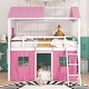 preview thumbnail 2 of 32, Playhouse Design Full over Full Wood Bunk Bed with Elegant and Elaborated Windows, Sills and Tent, Space-saving, Pink+White
