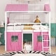 preview thumbnail 2 of 7, White+Pink Full Size Wood Castle House Bunk Bed with Windows, Sills, Tent, and Slide, Playhouse Design