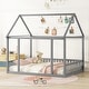 preview thumbnail 1 of 8, Full Size Floor Wooden Bed with House Roof Frame and Safety Guardrails Gray