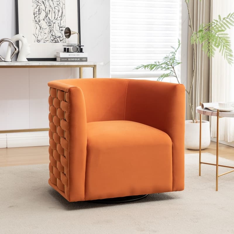 Modern Glam Velvet Upholstered 360 Degree Swivel Barrel Chair - Orange