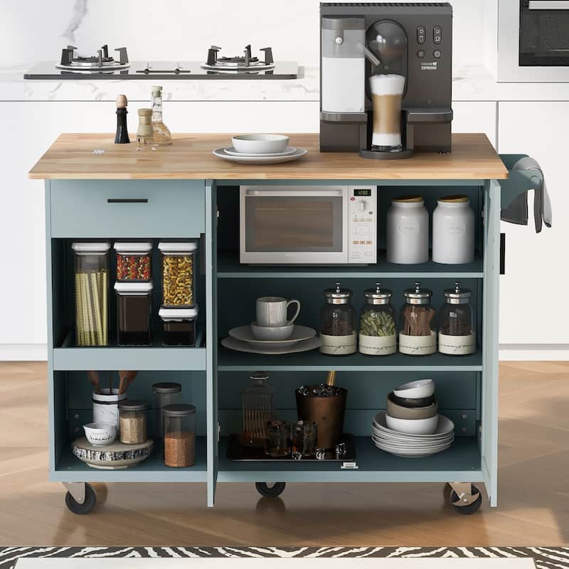 Roomfitters Kitchen Island with Foldable Counter Top, Kitchen Storage Cart with Slide-Out Shelf, Towel Rack and Drawer