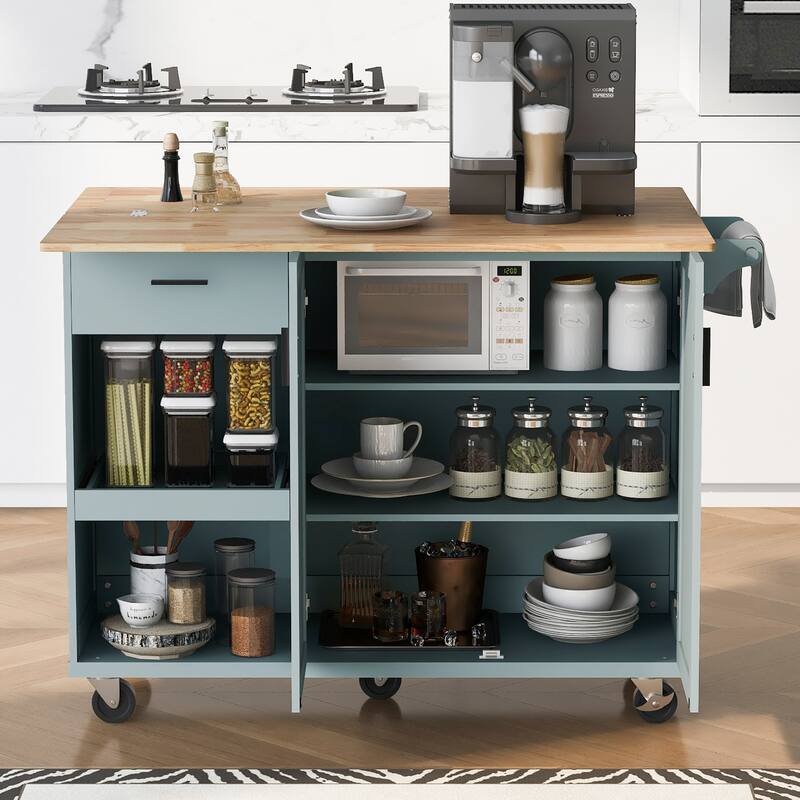 Space-Saving Kitchen Island with Foldable Countertop, Rolling Cart on Wheels, Towel Rack, Drawer & Slide-Out Shelf