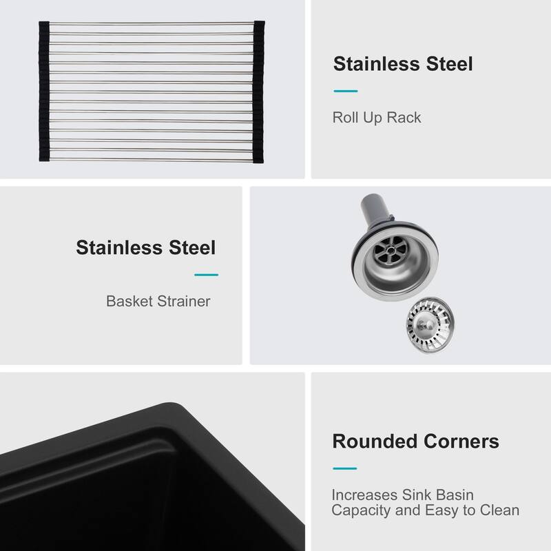 Undermount Single Bowl Quartz Kitchen Sink in Black