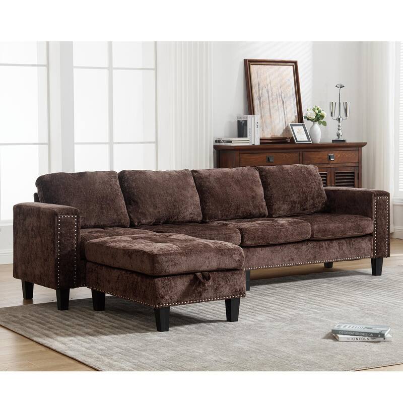 Contemporary Modular Sectional Sofa with Chenille Upholstery and Storage Ottoman for Living Room or Guest Room