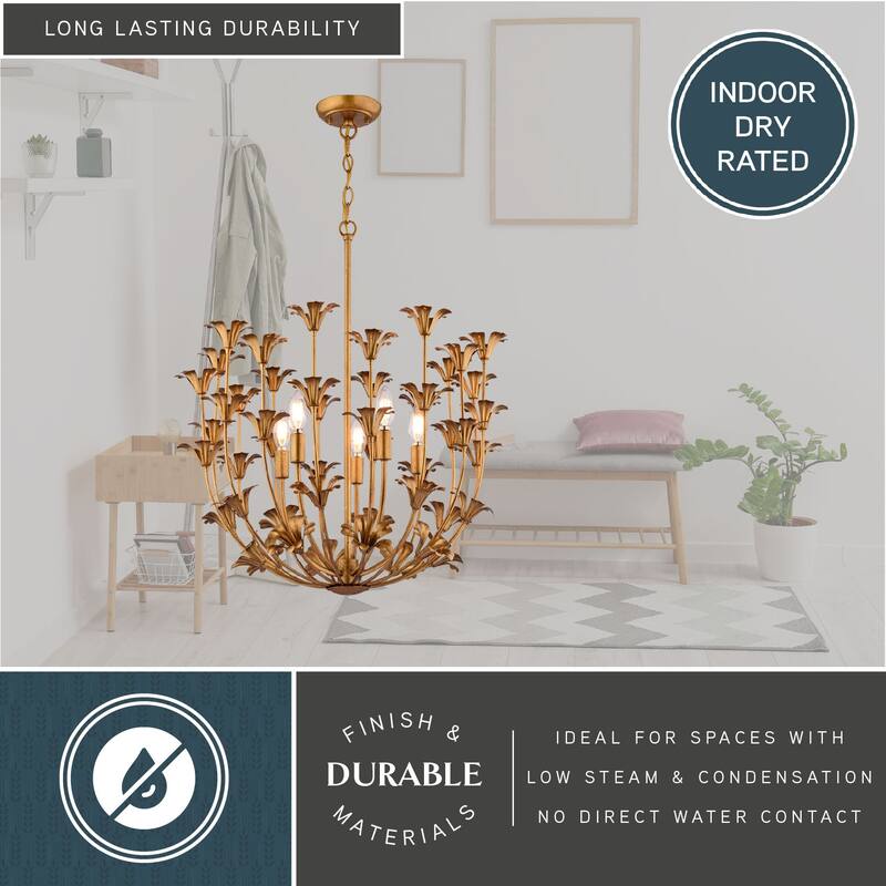 Camellia 5-Light Gilded Gold Pendant with Metal Flower Shade, Adjustable Height, Ceiling Chandelier Dining Room Fixture