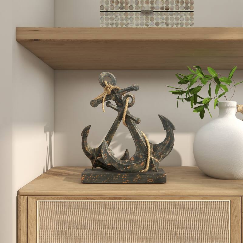 Black Metal Anchor Decorative Sculpture with Jute Rope Accents