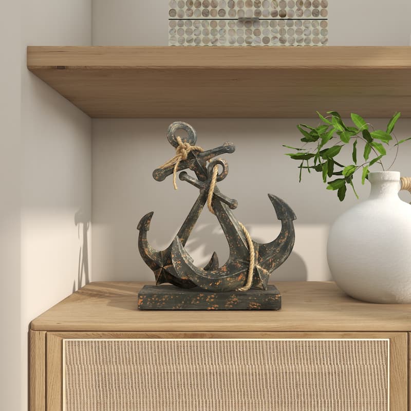 Metal Anchor Decorative Sculpture with Jute Rope Accents - Black - Roche River Decor