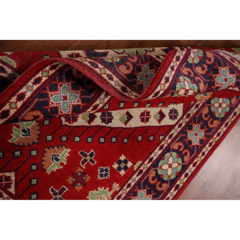 Geometric Red Kazak Oriental Foyer Rug Hand-Knotted Wool Carpet - 3'3" x 4'9"