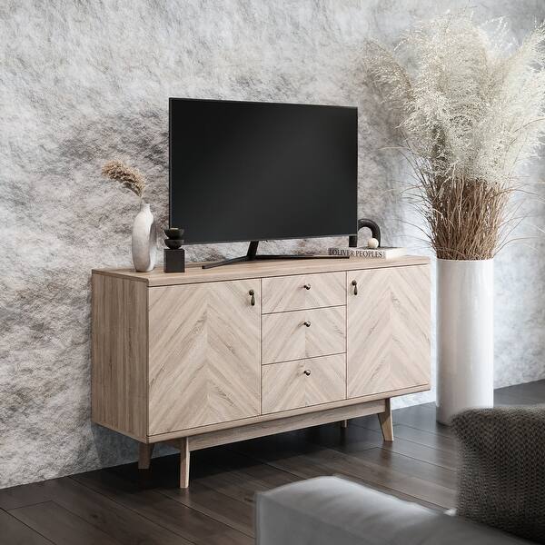 slide 1 of 8, Living Skog Scandi Sideboard Herringbone TV Stand with Drawers and Wooden Legs for TV's up to 65-inch TV Beige