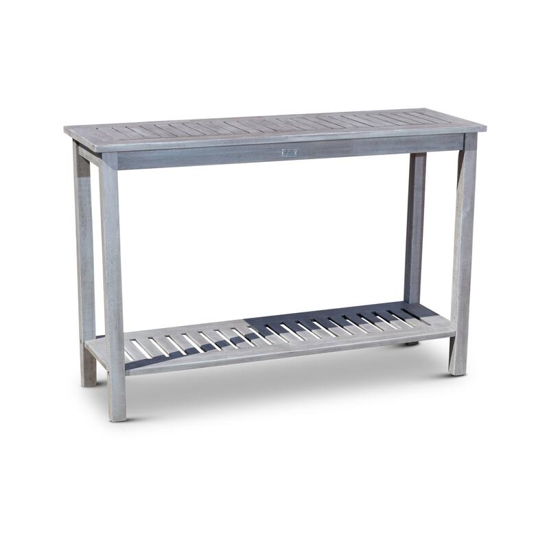 GDFStudio - Longs 51" Outdoor Solid Eucalyptus Wood Console Table with Two-Tier Storage Shelf & Slatted Tabletop - Grey+Silver