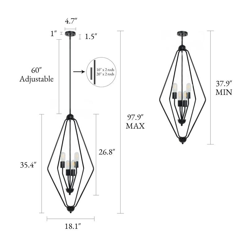 Modern Black 4-Light Geometric Chandelier Lantern Kitchen Island Light - D 18.1" x H 35.4"