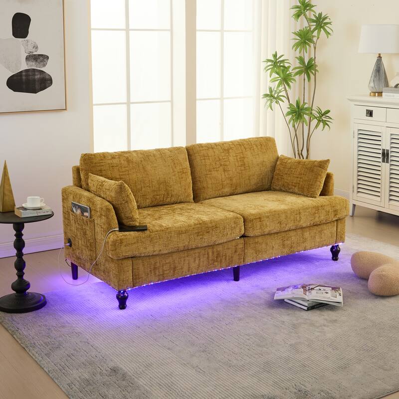 Mustard Yellow Multifunctional Sofa Couch Loveseat with Lights & Side Pocket, 2-Seater Sofa Couch with Charging Port