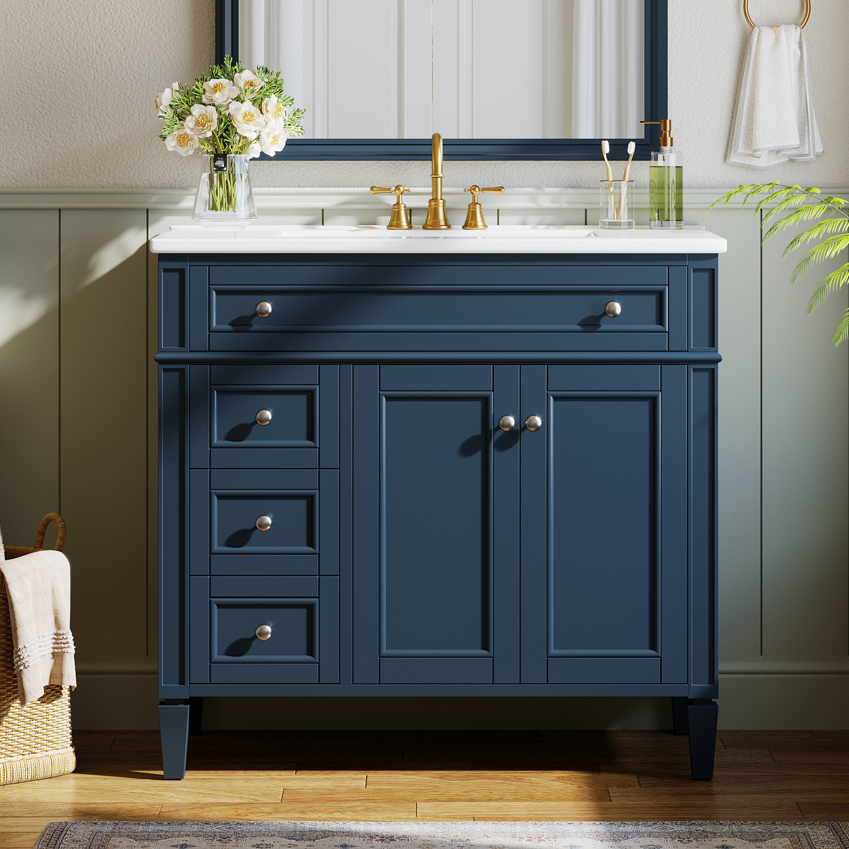 36″ Freestanding Bathroom Vanity with Ceramic Top – 4 Color Options Solid Rubberwood Frame