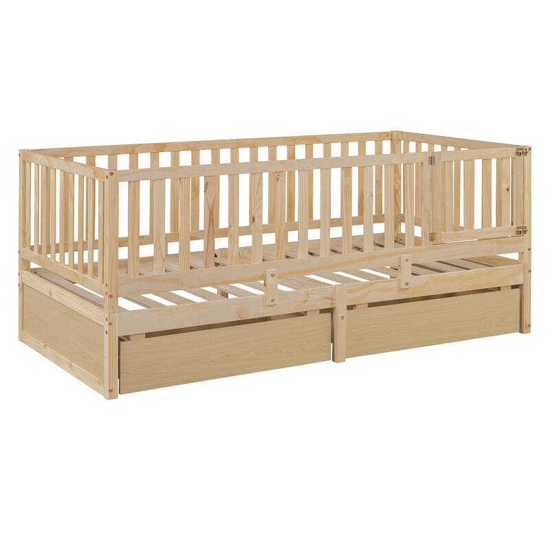 Solid Wood Daybed with Fence Guardrails and 2 Drawers, Split into Independent for Bedroom