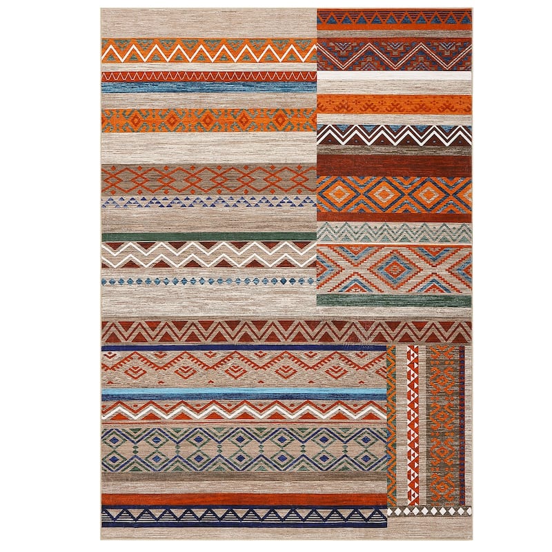 Area Rug Washable Living Room Rugs Vintage Geometric Area Rug Soft Low Pile Non-Slip Area Rug