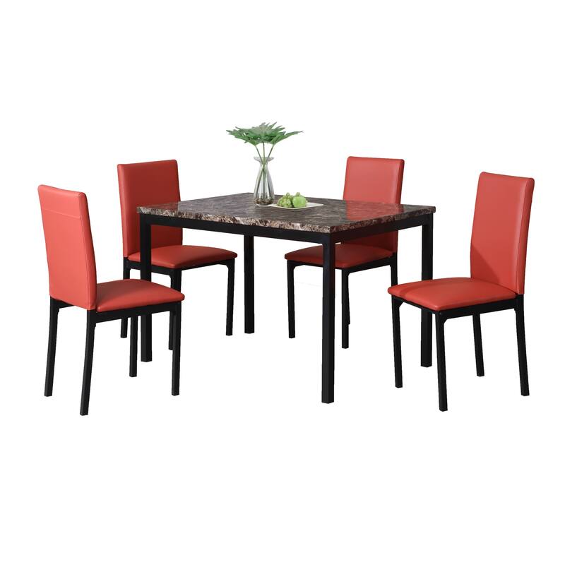 Red Kitchen Dining Table Set Cafe Dining Table Set Rectangular Dining Table Set with Faux Marble Finish Table Top and 4 Chairs - Black Red