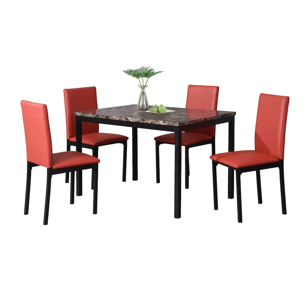 Red Kitchen Dining Table Set Cafe Dining Table Set Rectangular Dining Table Set with Faux Marble Finish Table Top and 4 Chairs