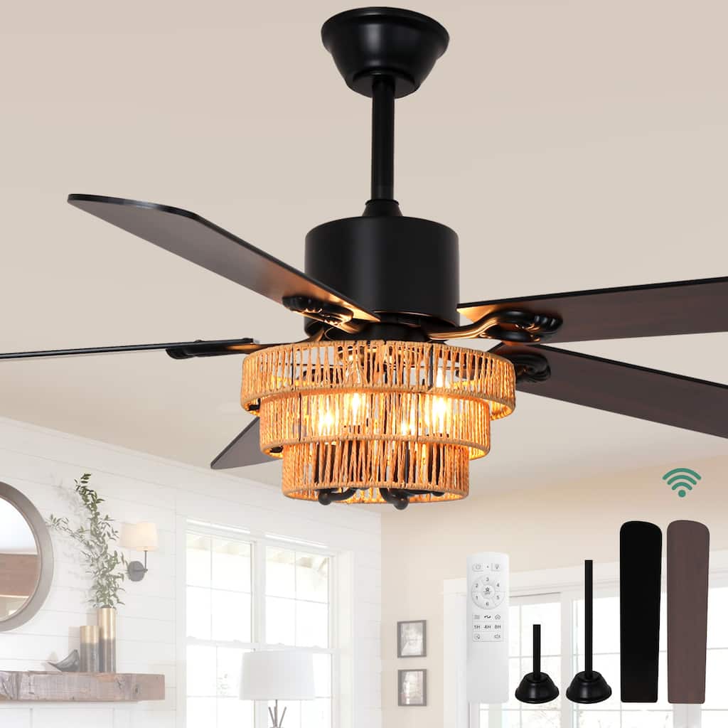 Cusp Barn 52-In Farmhouse Black Chandelier Ceiling Fan with Light and Remote, Boho Caged 6 Speeds DC Motor Tri-layer Ceiling Fan