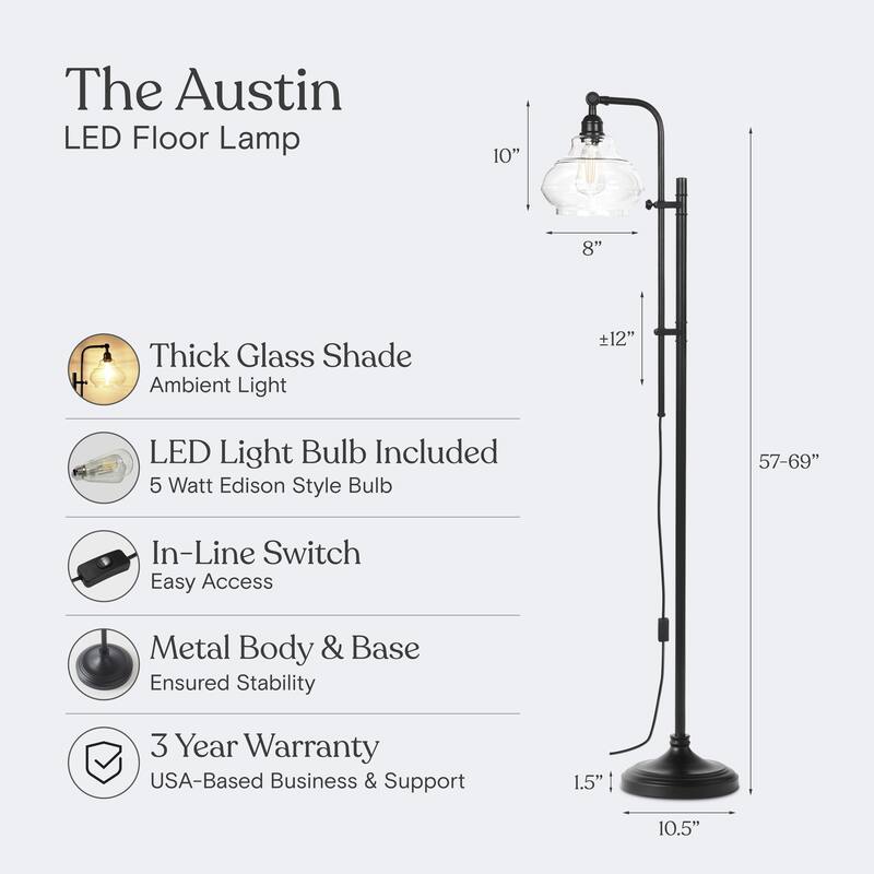 Brightech Austin 69 in. Classic Black Mid-Century Modern Height Adjustable LED Floor Lamp with Clear Glass Bowl Shade